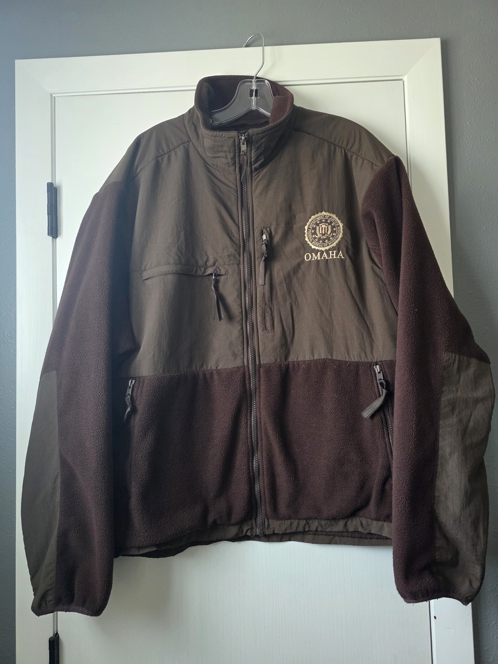 FBI Omaha Embroidered Full Zip Fleece Jacket Mens Large Brown Two Tone